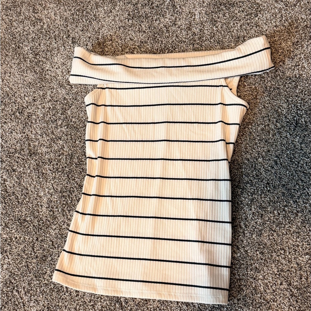 NWOT - a new day Cream and Navy Striped off shoulder Top